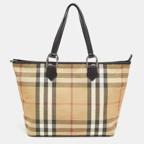 Beige/Black House Check Shimmer Fabric and Leather Nickie Tote