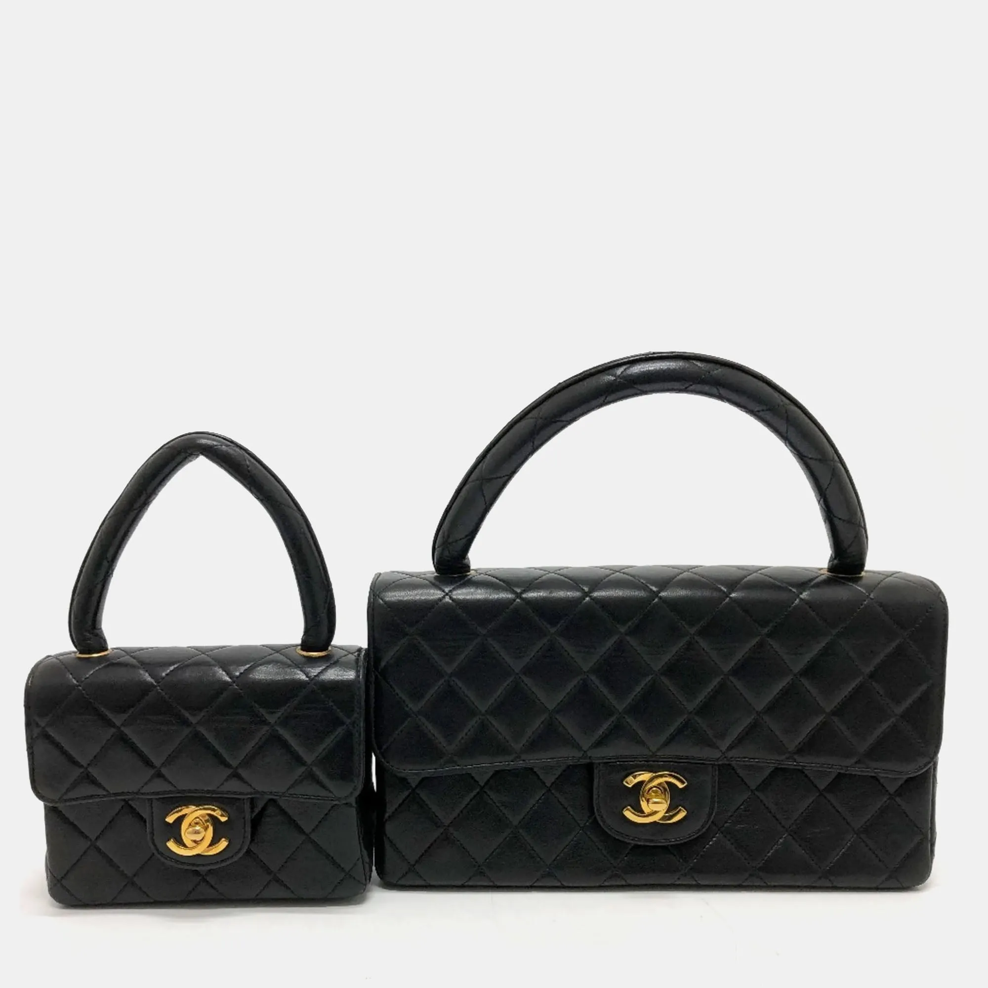 Black Leather Classic Kelly Top Handle Bag Set