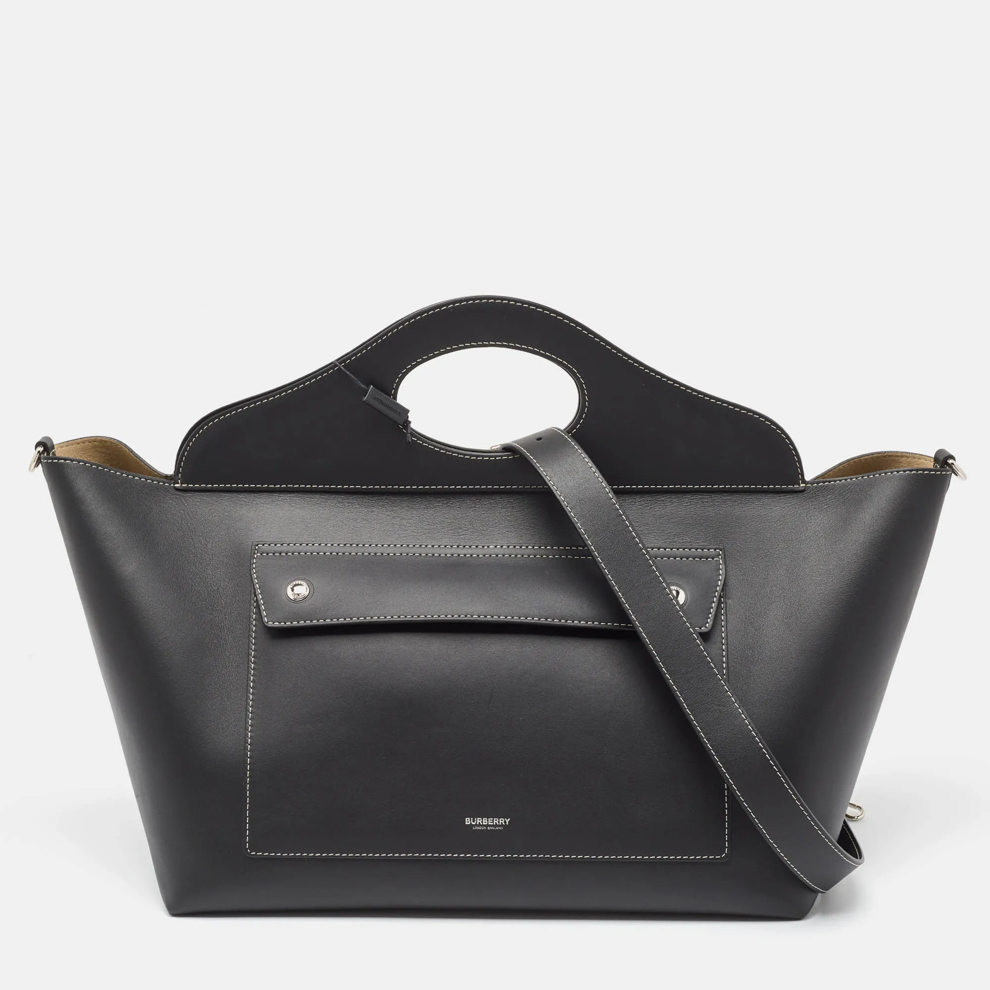 Black Leather Medium Soft Pocket Tote