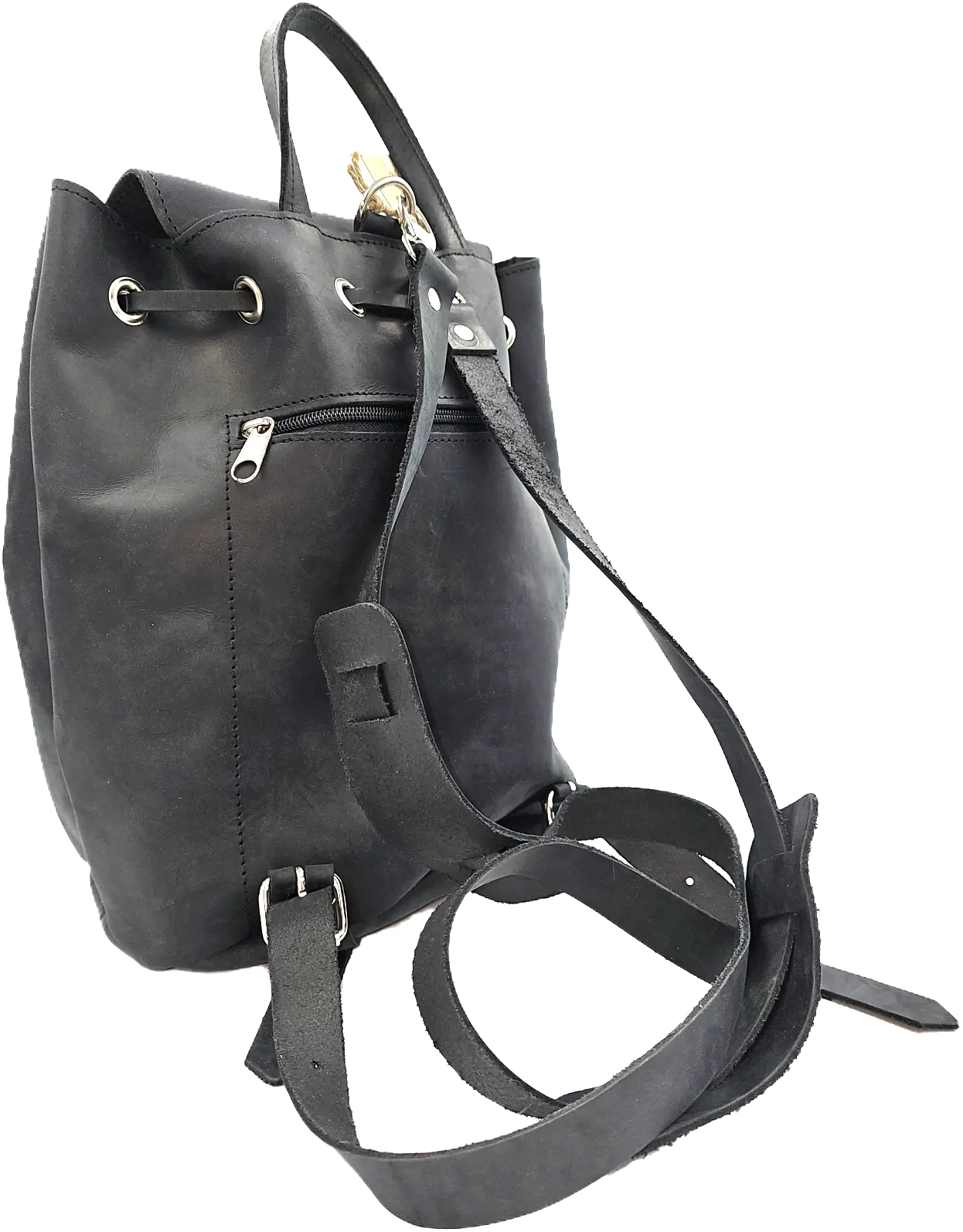 Black unisex backpack leather bag with zipper front pocket