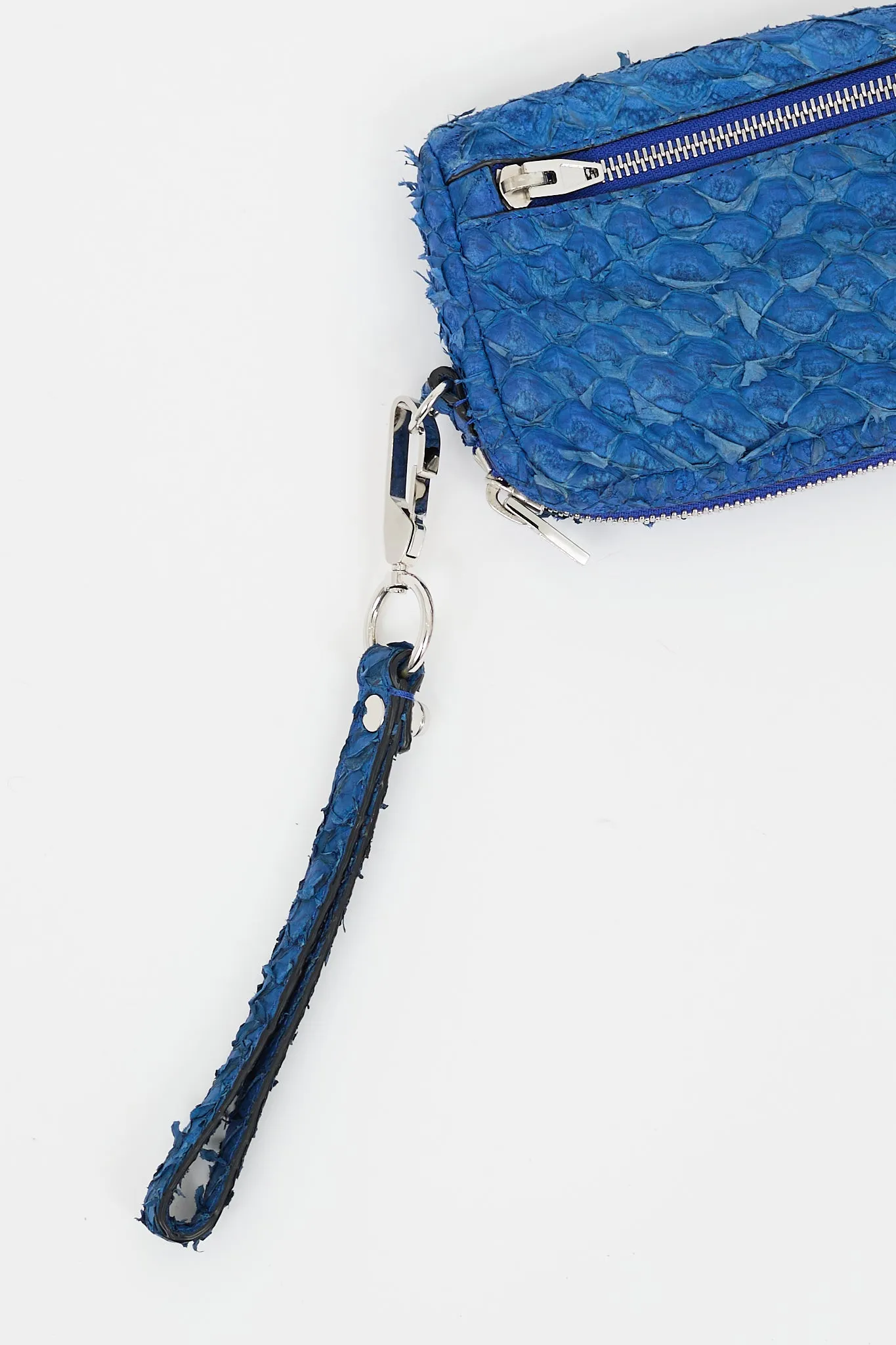 Blue Textured Leather Zip Wristlet Pouch