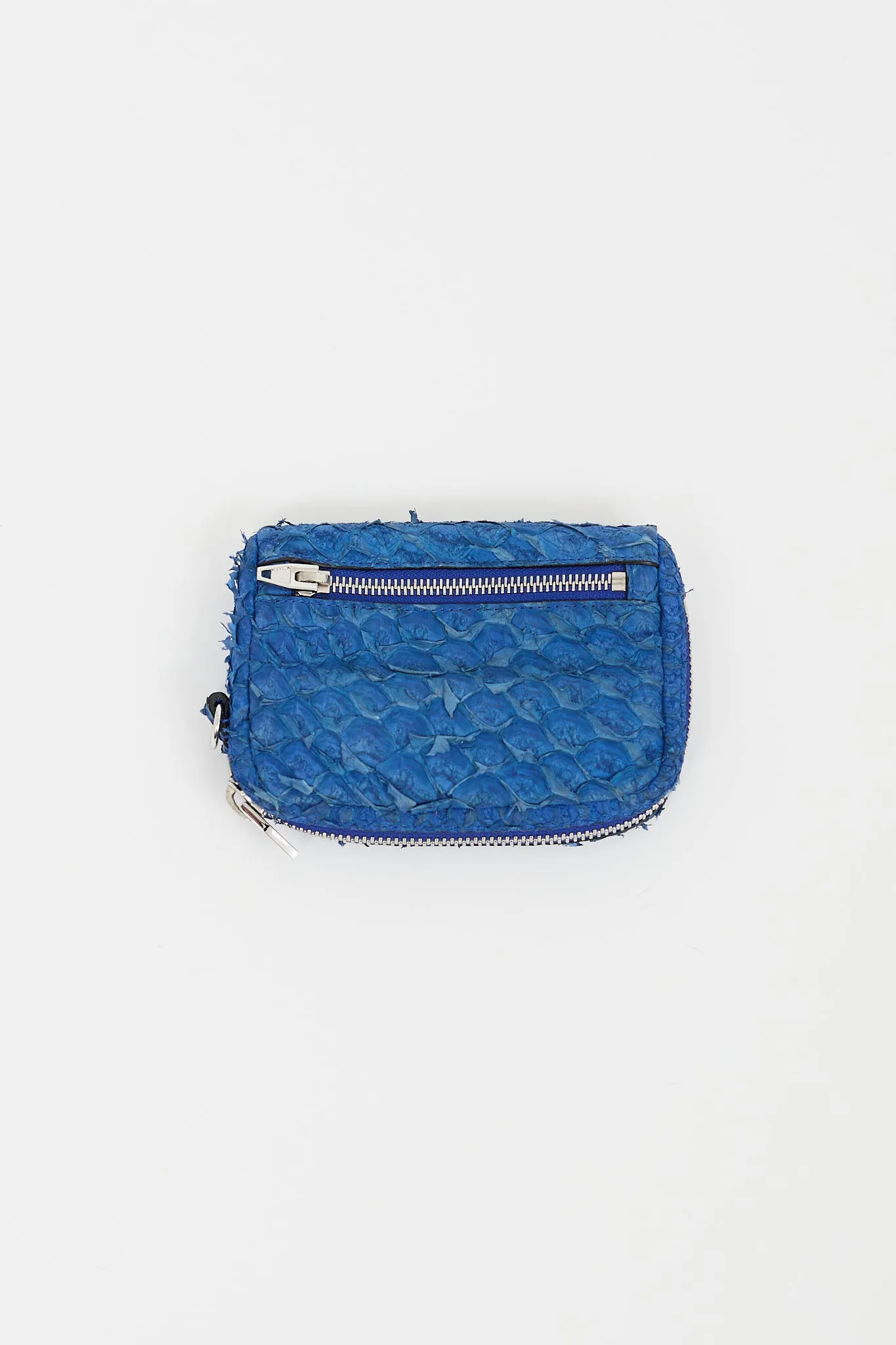 Blue Textured Leather Zip Wristlet Pouch