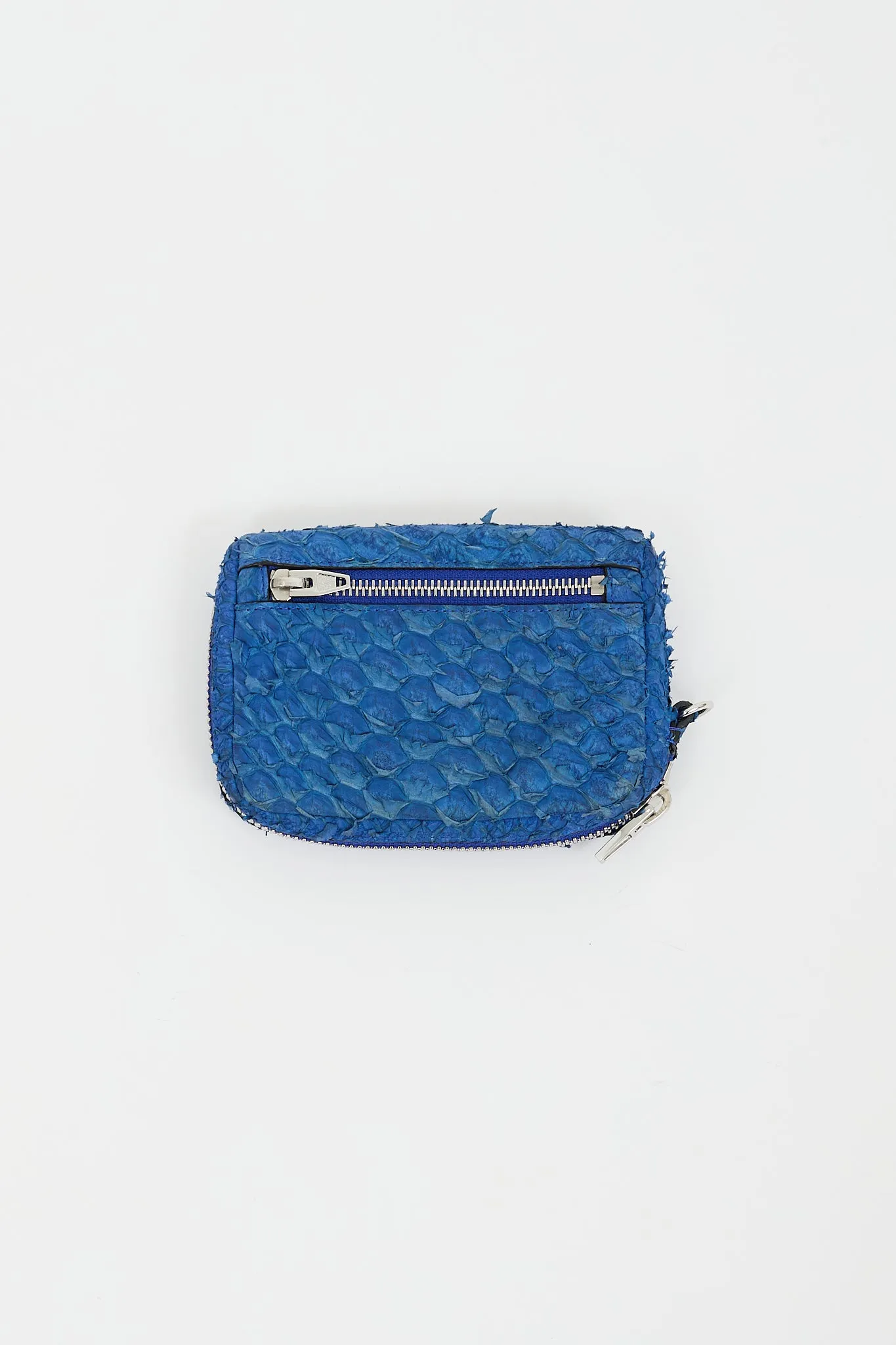 Blue Textured Leather Zip Wristlet Pouch