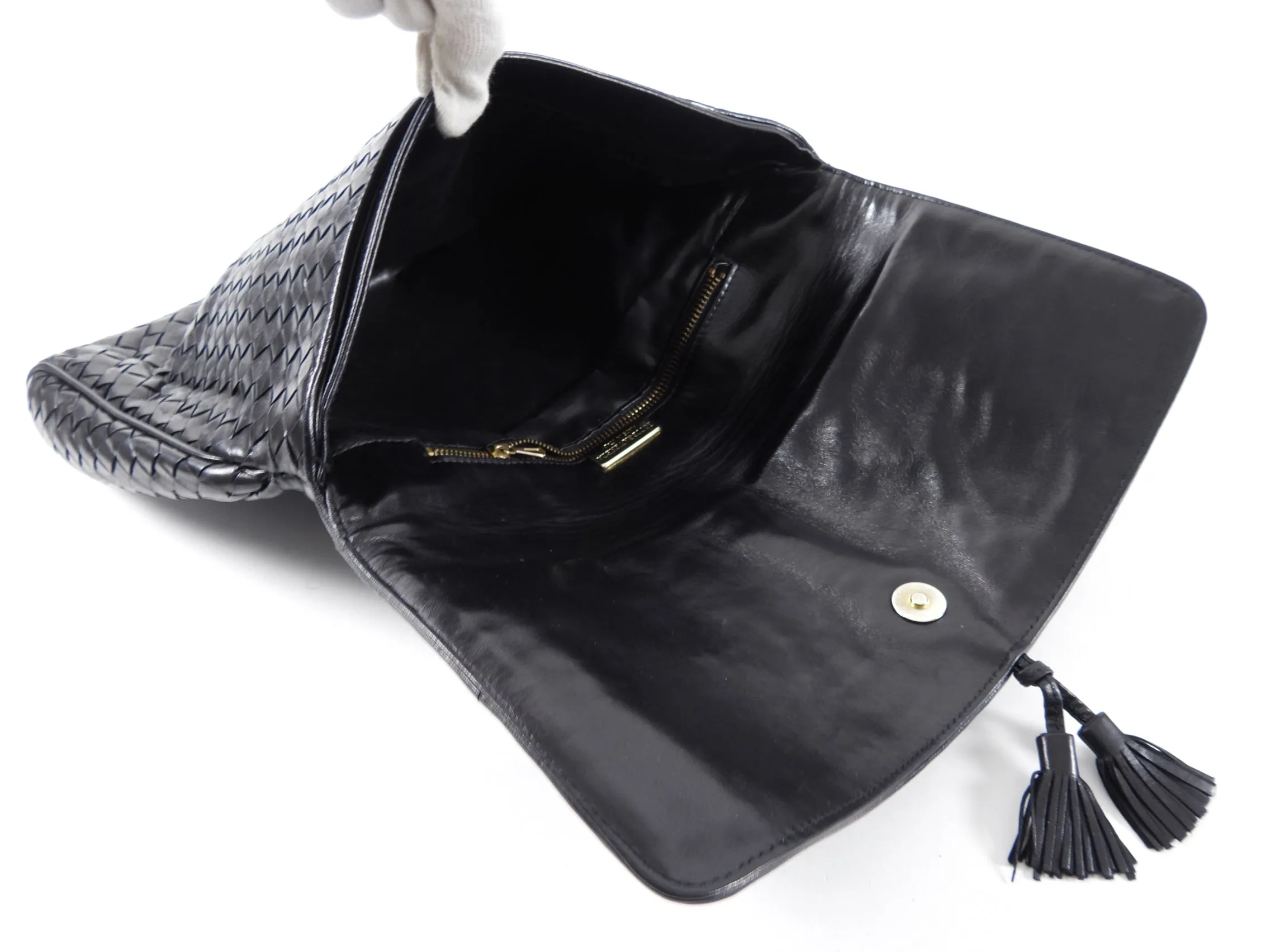 Bottega Veneta Vintage 1980's Black Intrecciato Leather Clutch