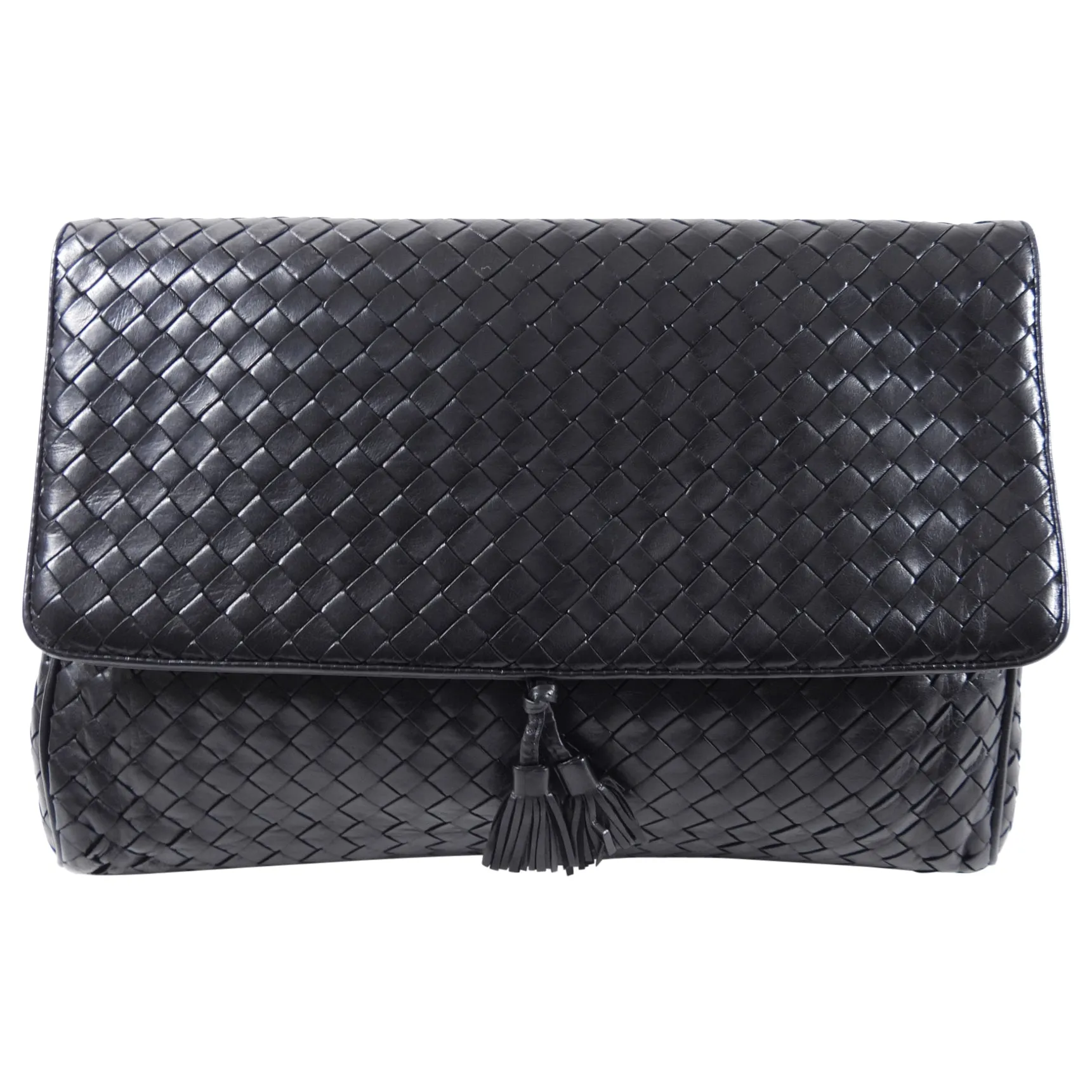 Bottega Veneta Vintage 1980's Black Intrecciato Leather Clutch