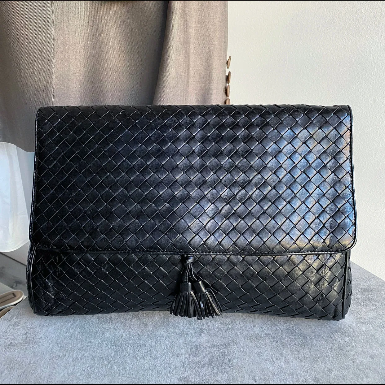 Bottega Veneta Vintage 1980's Black Intrecciato Leather Clutch