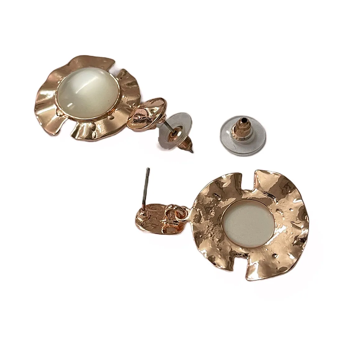 Circular White Moonstone Rose Gold-Toned Hammered Drop Earrings