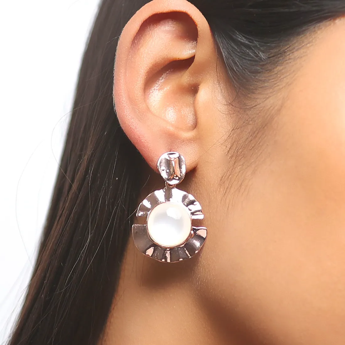 Circular White Moonstone Rose Gold-Toned Hammered Drop Earrings