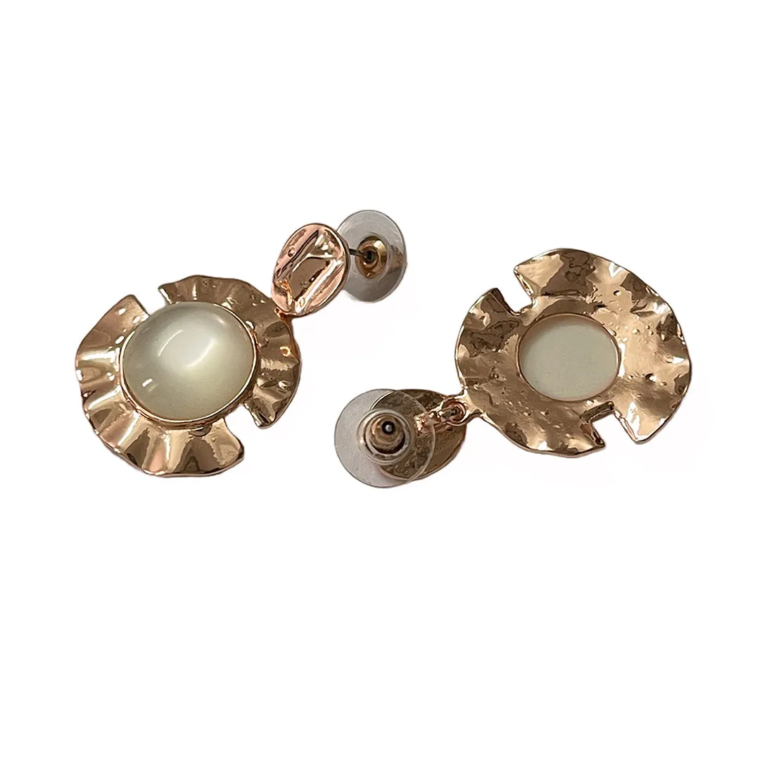 Circular White Moonstone Rose Gold-Toned Hammered Drop Earrings