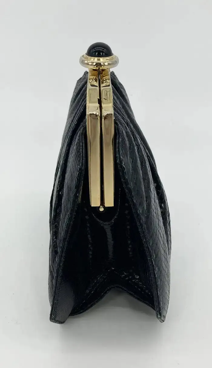 Judith Leiber Black Lizard Enamel Top Clutch