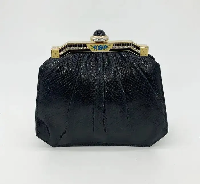 Judith Leiber Black Lizard Enamel Top Clutch