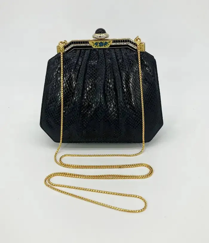 Judith Leiber Black Lizard Enamel Top Clutch