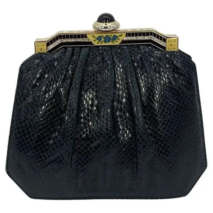 Judith Leiber Black Lizard Enamel Top Clutch