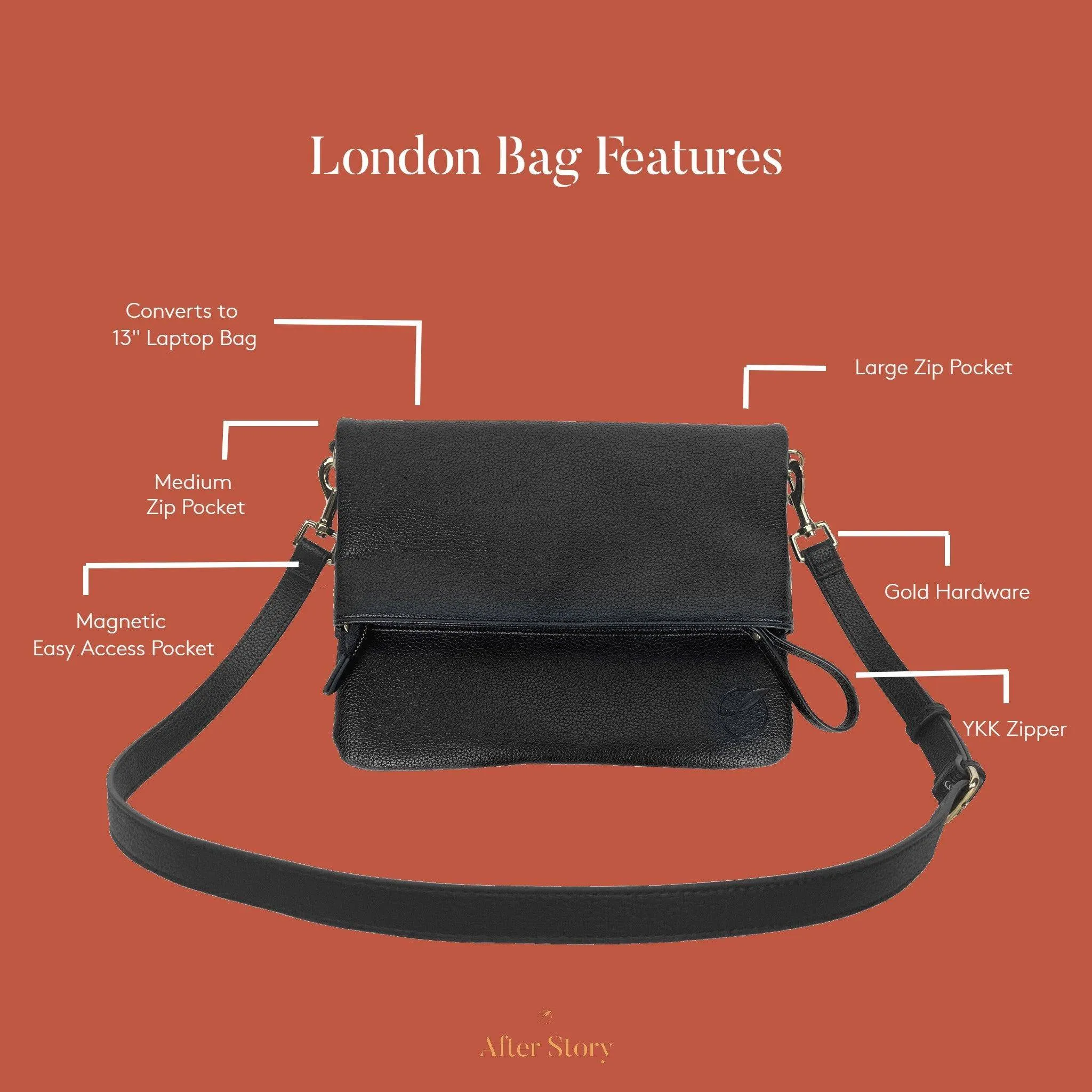 London Vegan Leather Convertible Crossbody or Laptop Bag - Black