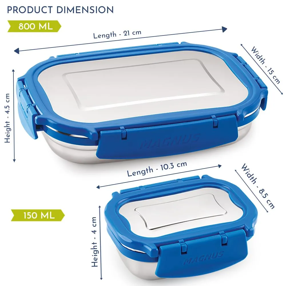 Magnus Bolt Deluxe Stainless Steel Lunch Box - Airtight & Leak Proof Tiffin, 2 Containers (800ml & 150ml), Ideal Lunch Box for Kids, Lunch Boxes for Office Men, Women & Picnic, Blue