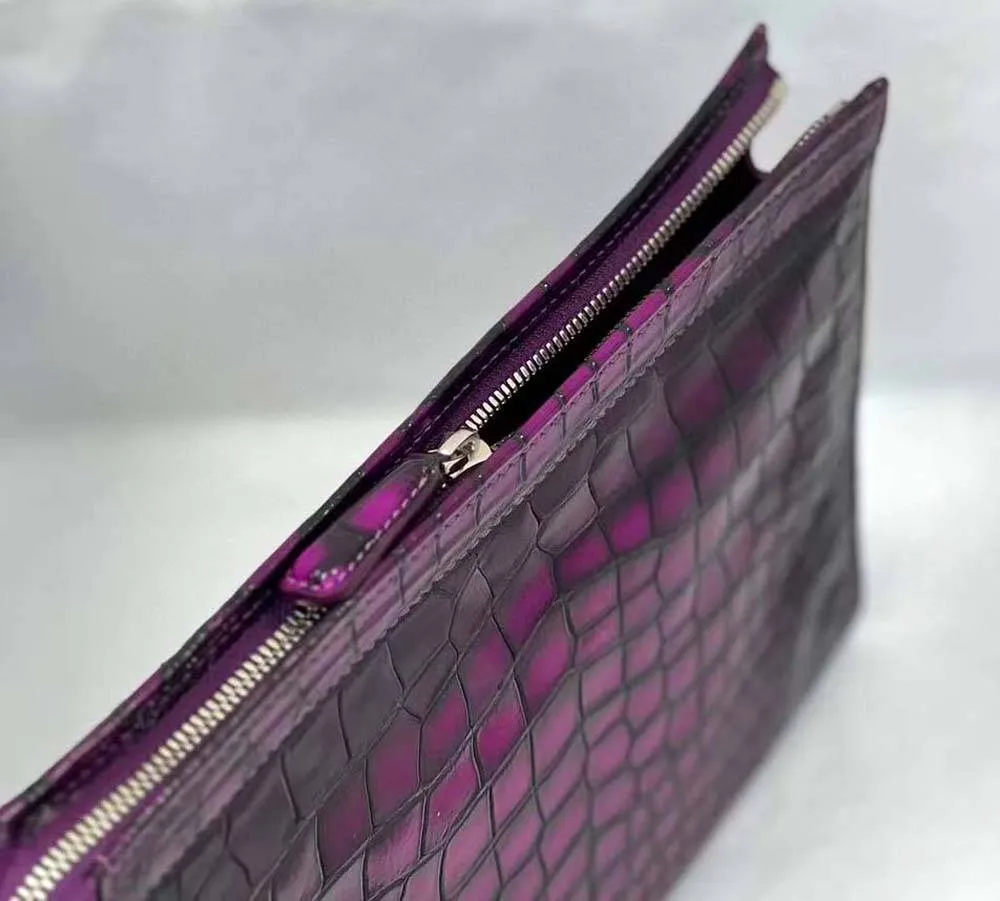 Mens Vintage Plum Matt Genuine Crocodile Skin Leather Clutch