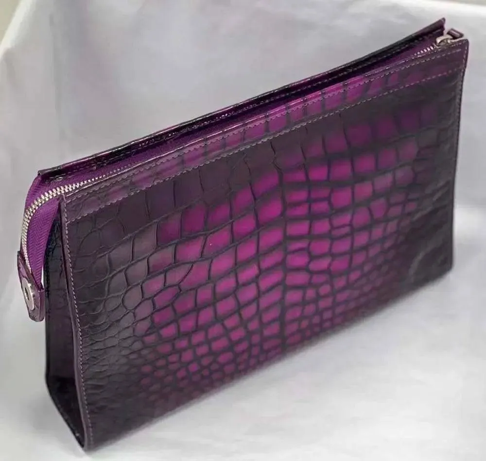 Mens Vintage Plum Matt Genuine Crocodile Skin Leather Clutch