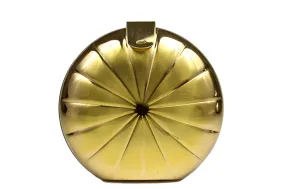 Metallic gold circular clutch with radial embossing