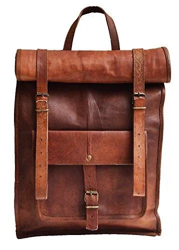 MROYALE™ 23" Vintage Leather Laptop Backpack - Water Resistant Roll Top Outdoor Rucksack