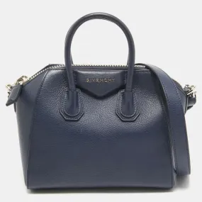 Navy Blue Leather Mini Antigona Satchel