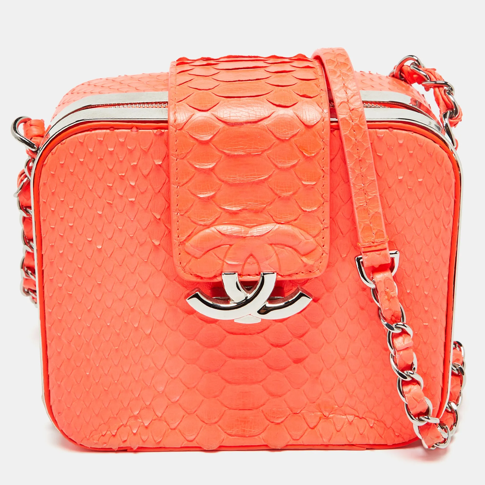 Neon Orange Quilted Python Mini CC Box Camera Bag