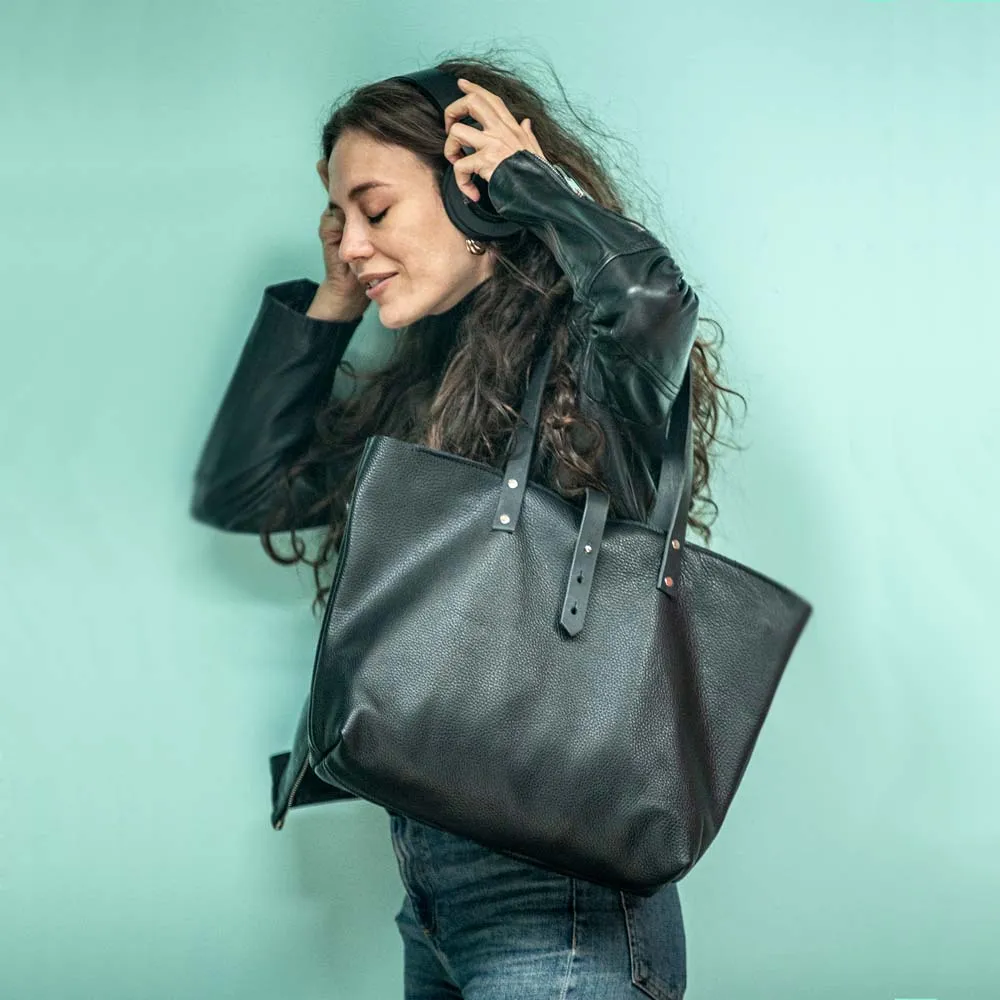 Soft Italian Leather Tote - Black