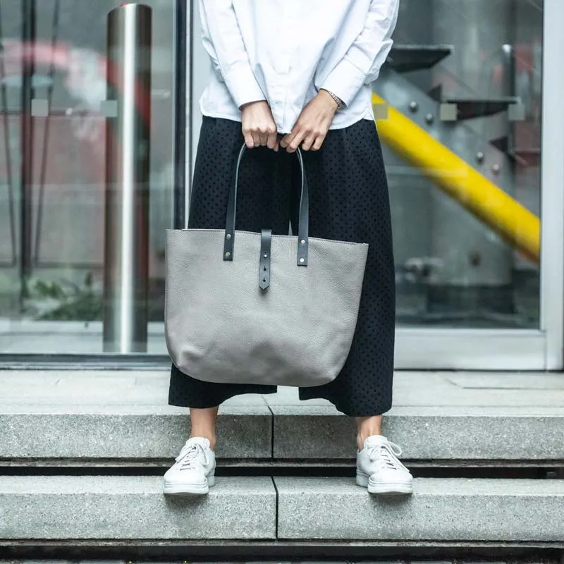 Soft Italian Leather Tote with Zip - Grey