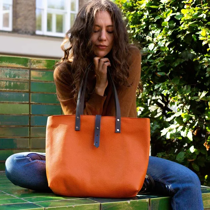 Soft Italian Leather Tote with zip - Orange