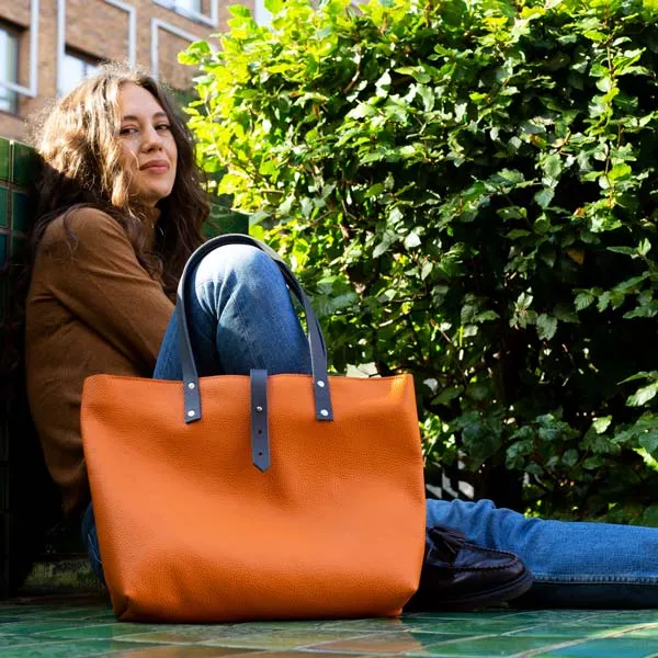 Soft Italian Leather Tote with zip - Orange