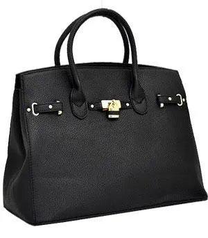 Textured Faux Leather Padkock Tote - Black