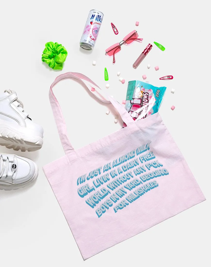 Tote Bag in Soft Pink with Almond Milk Girl Text  X Top Girl