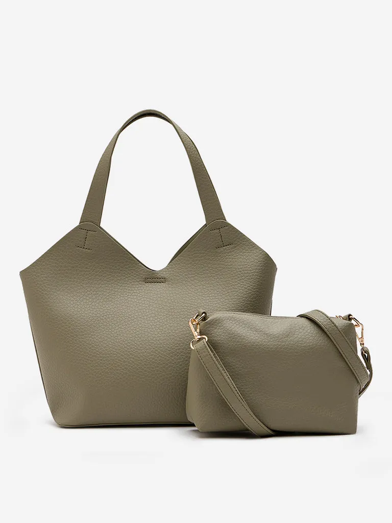 Westside Light Olive Textured Tote Bag with a Pouch