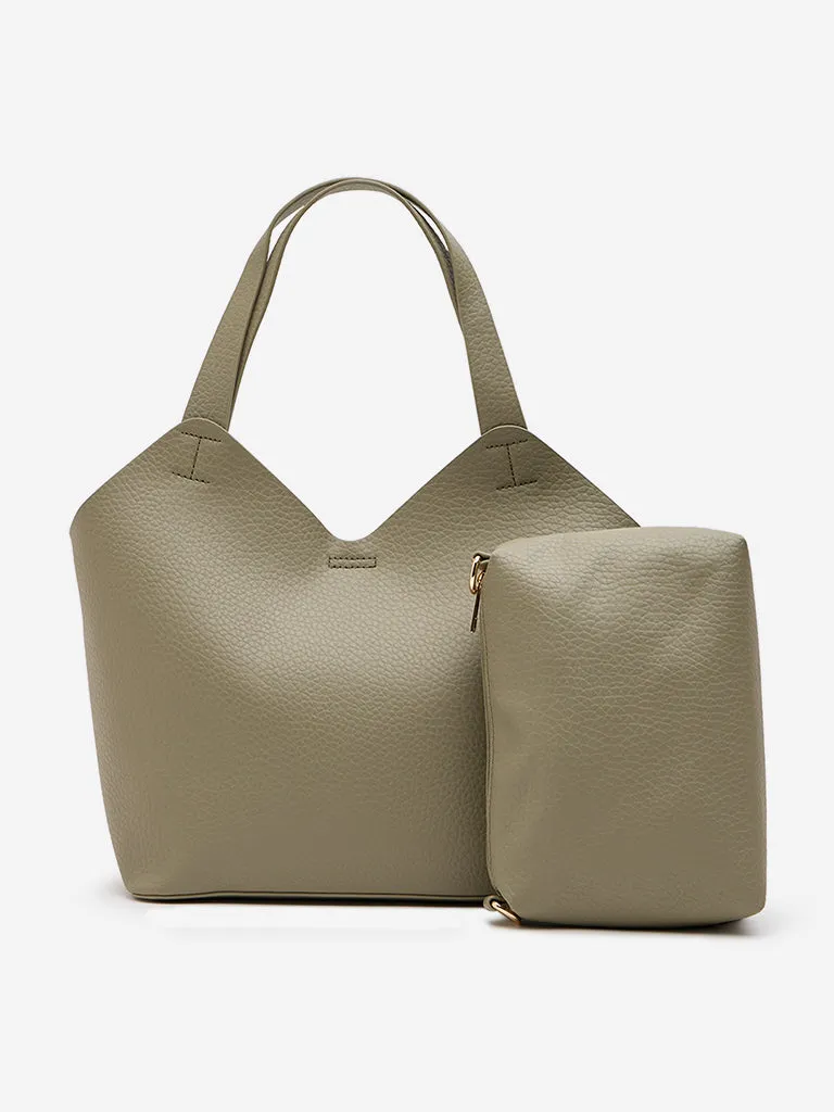 Westside Light Olive Textured Tote Bag with a Pouch